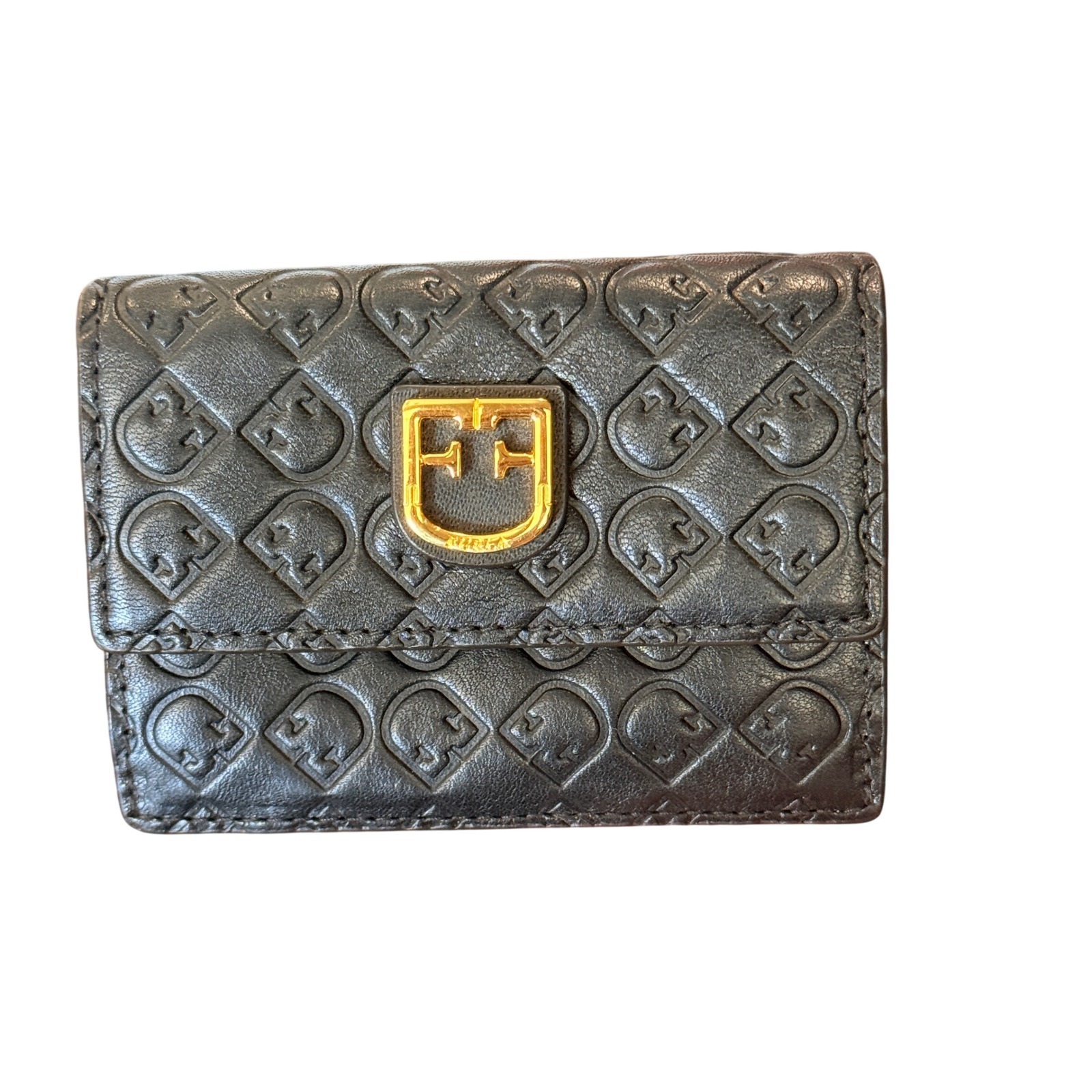 New Furla 1927 Arch Logo Compact Wallet Black Embossed Leather Gold Hardware
